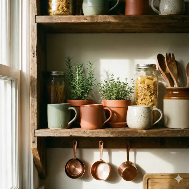 Create a warm kitchen vignette featuring open wooden shelving displaying a curated collection of handmade ceramic mugs in earthy glazes of sage green, terracotta, and speckled cream, a small potted herb garden with rosemary and thyme in terra cotta pots, vintage glass jars filled with dried pasta and wooden cooking utensils in a ceramic crock, copper measuring cups hanging from small hooks, soft morning light streaming in from a nearby window creating gentle shadows and highlighting the ceramic textures, shot straight-on at eye level focusing on the middle shelf arrangement, rustic and lived-in aesthetic with warm earth tones and natural materials throughout. Use aspect ratio 1:1.