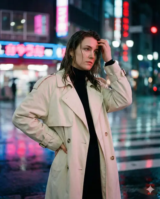 Create a portrait of a young woman in her late 20s standing at a rain-soaked crosswalk in Tokyo at night, her reflection mirrored in the wet pavement. She wears an oversized cream-colored trench coat over a black turtleneck, with one hand raised to brush hair from her face. Neon signs in pink and blue blur behind her, casting colored light across her features. Her posture is relaxed but contemplative, weight shifted to one hip, looking slightly off-camera with a soft, introspective expression. Shallow depth of field with bokeh lights scattered throughout the background. Use aspect ratio 4:5.