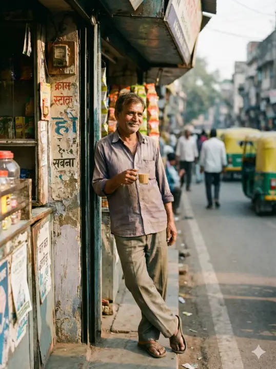 Create a street photography portrait of a middle-aged man leaning out of a small shop doorway, one hand resting on the doorframe and the other holding a cup of tea, wearing a simple button-down shirt, rolled-up sleeves, loose trousers, and sandals, relaxed posture with a slight forward lean, warm morning light illuminating his face, textured storefront details visible, street activity softly blurred behind, realistic shadows, subtle grain, and a timeless documentary feel. Use aspect ratio 3:4.