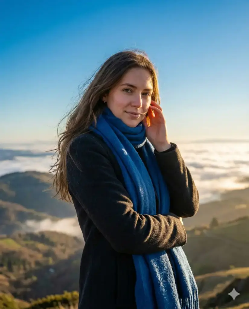 Create a photorealistic cinematic outdoor portrait of a young woman standing at a scenic mountain viewpoint during early morning golden hour, captured from the waist up in a three-quarter angle as she gently turns toward the camera. She wears a dark winter coat layered with a soft, vibrant blue woolen scarf wrapped loosely around her shoulders, adding a strong color contrast against the environment. Her hair is long, natural, and slightly windswept, catching the light as she lifts one hand near her face in an unposed, intimate gesture. She looks at the camera with a calm, thoughtful expression and a subtle, serene smile. The background reveals rolling hills and valleys partially covered in a sea of clouds, softly glowing with warm sunrise light beneath a clear, rich blue sky that fills most of the frame. Lighting is natural and directional, blending cool and warm tones to create depth while preserving realistic skin texture and fabric detail. The overall mood is peaceful, reflective, and cinematic, evoking a quiet moment of stillness in nature. High resolution, realistic lens depth, true-to-life colors, no distortion, no text, no artifacts. Aspect ratio 4:5.