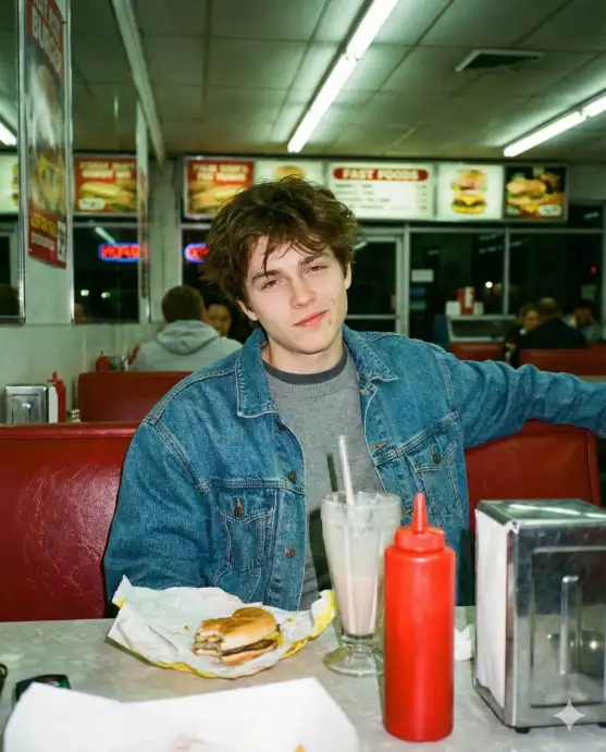 Create a portrait of this person with their original face unchanged, captured using a vintage 1990s disposable camera aesthetic with direct front flash. The subject has casually styled hair and a relaxed, slightly smirking expression while leaning back against a vinyl booth seat. They are wearing an oversized denim jacket over a simple crew neck sweater. The setting is a late-night diner or fast food restaurant with fluorescent lighting, laminate tabletops, ketchup bottles, and napkin dispensers visible. A half-eaten meal and a milkshake sit on the table. The flash bounces harshly off the shiny surfaces, creating reflections and washed-out spots typical of amateur flash photography. The image has noticeable film grain, slightly greenish tint from mixed lighting, and a voyeuristic candid quality. The overall mood evokes post-midnight hangouts and the unglamorous charm of 90s everyday moments. Use aspect ratio 4:5.