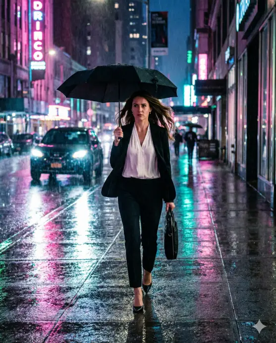 Create a cinematic shot of a businesswoman power-walking down a rainy city sidewalk at night. She's in a sleek black blazer, white blouse, tailored black trousers, and pointed-toe heels. Her long hair flows behind her as she strides confidently forward, holding a compact black umbrella. She's looking ahead with determination, briefcase in her free hand. Neon signs and headlights create colorful reflections on the wet pavement in shades of pink, blue, and green. Rain streaks are visible in the light beams. Use aspect ratio 4:5.