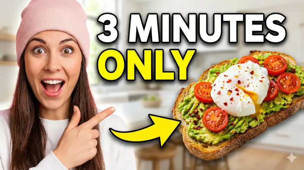 Create a high-impact YouTube thumbnail using the person from Image 1 as the main subject in 16:9 aspect ratio. Maintain full face consistency by keeping the person's facial features exactly the same as in Image 1, while changing the expression to look excited and surprised. Position the person on the left side of the frame and pose them pointing toward the right side. Place a clear, high-quality visual of a freshly made avocado toast on the right side of the frame as the primary focus. Add a bold yellow arrow to guide attention from the person's finger to the toast. Overlay large, attention-grabbing YouTube-style text in the center reading "3 Minutes Only," using thick lettering with a strong white outline and a subtle drop shadow. Set the background to a bright modern kitchen with a soft blur. Use vibrant colors, high saturation, and strong contrast to create a clean, click-worthy thumbnail that clearly communicates the video idea at a glance.