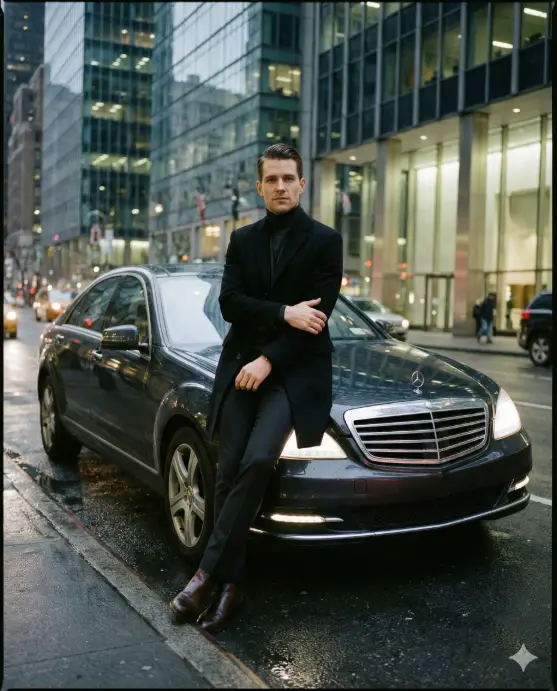 Create a stylish night city lifestyle portrait of an adult man leaning against a luxury sedan parked by the curb, relaxed posture with one hip resting on the car and arms loosely crossed, wearing a tailored black overcoat over a charcoal turtleneck, slim trousers, polished leather boots, neatly combed hair, confident composed expression, car headlights softly glowing, wet asphalt reflecting city lights, glass buildings in the background, cinematic urban fashion photography. Use aspect ratio 4:5.