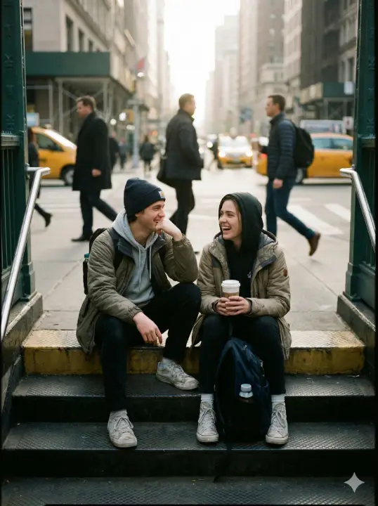 Create a realistic street photography scene of a young couple sitting on the steps of a subway entrance, leaning slightly toward each other, one person resting an elbow on a knee while the other holds a takeaway coffee cup, wearing casual layered outfits with hoodies, light jackets, sneakers, and backpacks placed beside them, natural laughter frozen mid-moment, candid expressions, early morning city light, subtle lens distortion, soft film grain, background commuters blurred in motion, and an authentic everyday life aesthetic. Use aspect ratio 3:4.