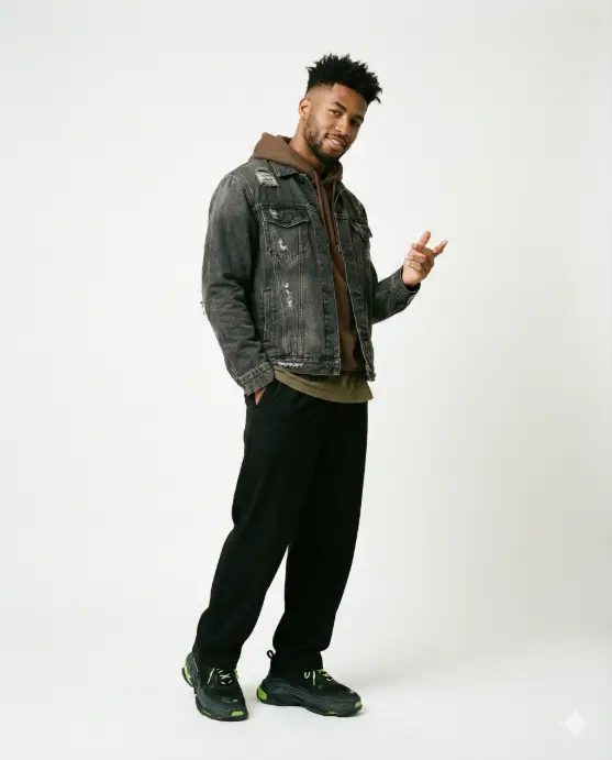 Create a full-body studio portrait of a stylish young man with a relaxed, confident pose. He stands slightly angled, one hand casually in his pocket and the other lifted mid-gesture, conveying an effortless street-style attitude. He has short, textured dark hair with a clean fade, neatly groomed facial hair, and a calm, friendly expression. He wears a layered urban outfit: a faded charcoal denim jacket with subtle distressing over a brown hooded sweatshirt, paired with an olive-green t-shirt visible at the neckline. Loose-fitting black trousers fall naturally to chunky black sneakers accented with neon green details. The clothing feels modern, casual, and fashion-forward. The setting is a minimal studio with a seamless white background, evenly lit with soft, diffused lighting that eliminates harsh shadows and highlights fabric textures and natural skin tones. The image is sharp and high-resolution, photographed at eye level, with a clean editorial fashion look and realistic proportions. Use 4:5 aspect ratio.