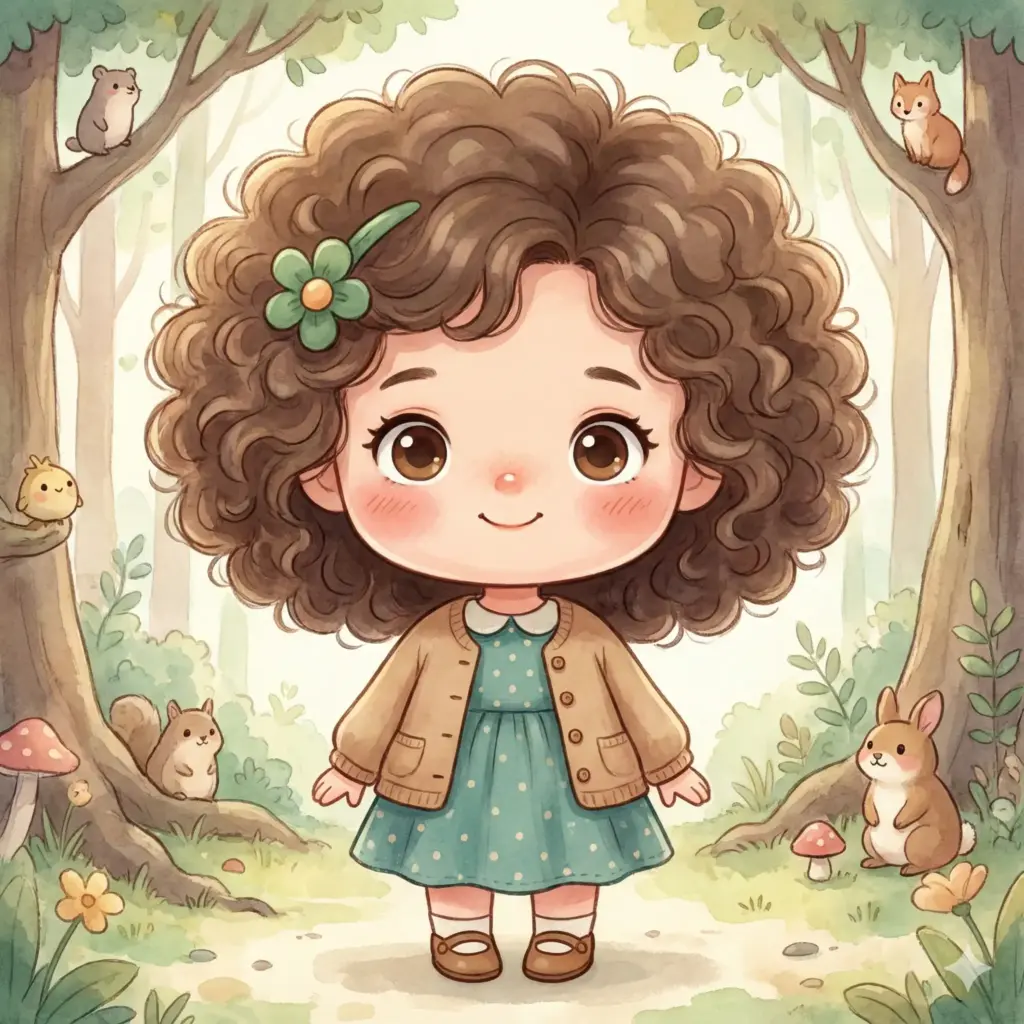 Create a sweet, chibi-style illustrated little girl with a whimsical storybook aesthetic. She is standing and facing forward, with an oversized round head and a small, childlike body. Her hair is thick, fluffy, and curly, forming a soft brown halo around her head, with a small green flower hair clip tucked into one side. She has large, expressive brown eyes with gentle highlights, rosy cheeks, and a tiny, warm smile that gives her a kind, innocent expression. She is wearing a teal dress with a subtle dotted pattern and a softly flared skirt, layered under a light brown cardigan with small buttons. Simple brown shoes peek out beneath the dress. The color palette is muted and pastel-like, with warm earthy tones and soft greens. Shading is gentle and painterly, with smooth gradients that give the character a plush, illustrated feel. Use 1:1 aspect ratio.