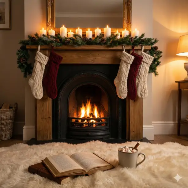 Create a cozy winter scene featuring a lit fireplace with dancing orange flames visible through a black iron grate, rustic wooden mantle decorated with a row of white pillar candles, fresh evergreen garland draped across, and a vintage gold-framed mirror reflecting the warm light, plush cream-colored faux fur rug in the foreground with an open book and mug of hot cocoa with marshmallows, chunky knit stockings hanging from the mantle, warm flickering firelight casting dancing shadows across the scene mixing with soft lamplight from off-frame, shot from floor level looking up toward the fireplace, warm and nostalgic holiday atmosphere with rich creams, deep greens, and warm amber tones. Use aspect ratio 1:1.