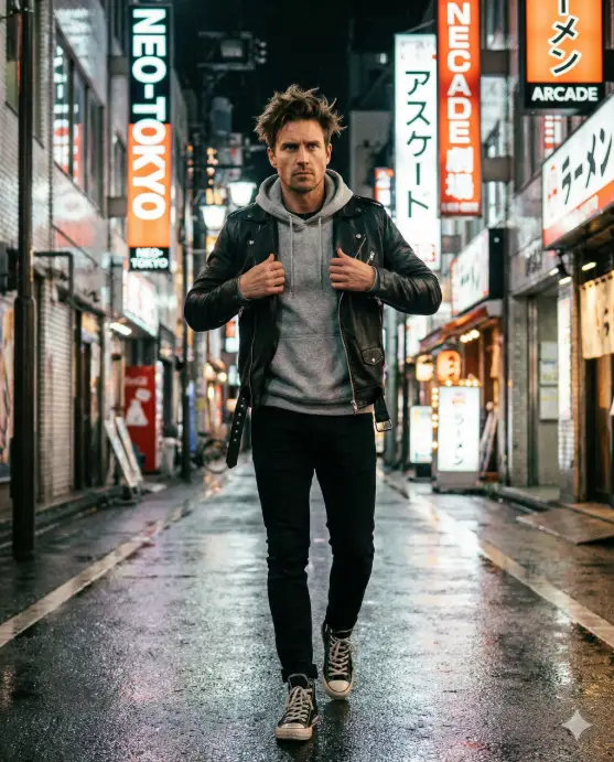 Create a night city lifestyle portrait of an adult man walking along a neon-lit street, confident posture with a steady stride, both hands adjusting his jacket, wearing a black leather jacket over a gray hoodie, slim black jeans, high-top sneakers, slightly messy hair, serious focused expression, vibrant neon signs casting colorful highlights, wet pavement reflecting lights, dramatic urban mood. Use aspect ratio 4:5.