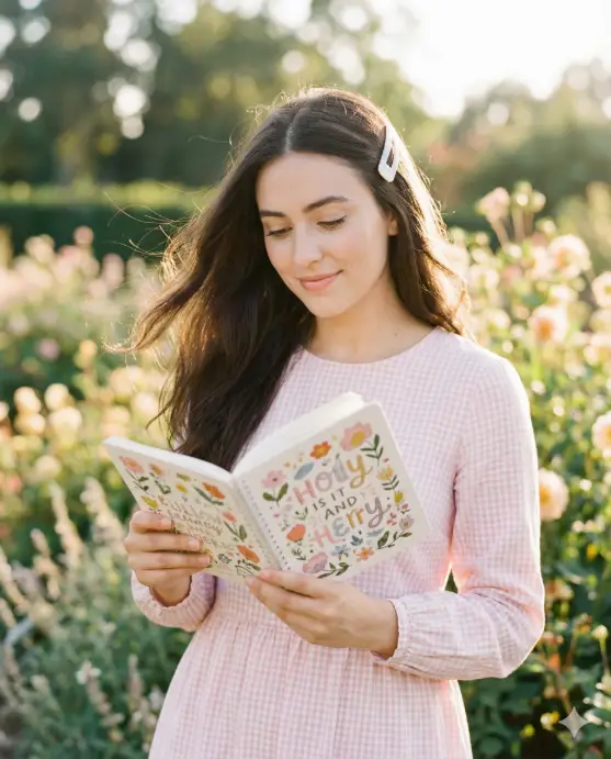 Create a dreamy outdoor portrait of a young woman standing in a sunlit garden, surrounded by softly blurred greenery and flowering plants. She is gently holding an open illustrated notebook or journal, looking down at it with a calm, peaceful smile, as if absorbed in reading or reflecting. Her pose feels natural and introspective, conveying quiet warmth and femininity. She has long, dark brown hair flowing freely down her back, lightly lifted by a breeze, with a soft pastel hair clip securing one side. Her makeup is delicate and natural, warm skin tones, subtle blush, soft eyeliner, and muted rosy lips. She wears a light pink, long-sleeve dress with a subtle gingham or checkered pattern, fitted yet modest, evoking a gentle, vintage-inspired aesthetic. The notebook she holds features floral illustrations and playful typography, adding a whimsical, cozy detail to the scene. Lighting is natural golden sunlight, creating soft highlights on her hair and face with gentle shadows. The background melts into creamy bokeh with hints of red and green foliage, enhancing the romantic, serene atmosphere. The image feels airy, warm, and nostalgic, like a spring afternoon captured on film. Use aspect ratio 4:5.