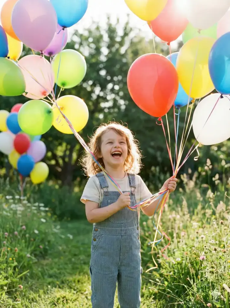 Create an outdoor birthday photoshoot of a happy child in a sunny garden surrounded by floating balloons tied with ribbons. The child is wearing a casual party outfit and holding a bunch of balloons while laughing naturally. Sunlight creates soft highlights in the hair and a bright, lively atmosphere. The background includes green grass and blurred trees, adding depth without distraction. The image feels playful, candid, and full of childhood energy. Use aspect ratio 3:4.