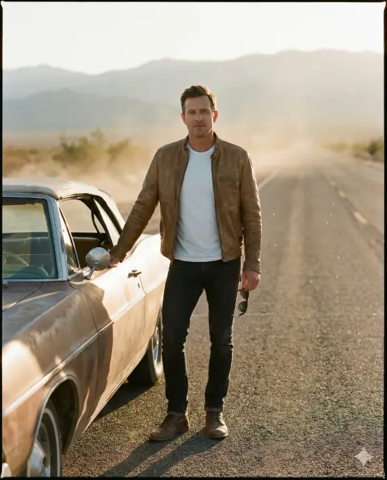 Create a cinematic road trip photo of an adult man standing beside a vintage car parked on an empty desert highway, upright relaxed posture with one hand resting on the car door and the other holding sunglasses, wearing a light brown leather jacket over a white t-shirt, dark slim-fit jeans, casual boots, short neatly styled hair, calm confident expression, warm golden hour sunlight casting long shadows, endless asphalt road fading into the horizon, distant mountains, dust in the air, realistic colors, high-end travel photography style. Use aspect ratio 4:5.