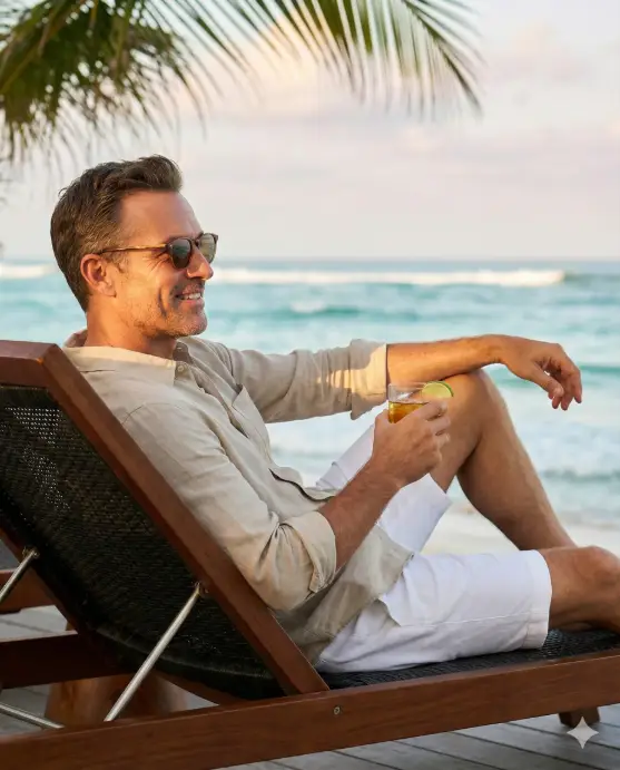 Create a luxury beach lifestyle photo of a man reclining on a modern beach lounger, laid-back posture with one arm resting on the chair and the other holding a drink, wearing premium resort wear with neutral tones, clean grooming, calm confident expression, sunlight creating soft highlights on skin, camera positioned slightly above eye level from a side angle, ocean and sky softly blended in background, polished Instagram lifestyle look, realistic lighting and textures. Use aspect ratio 4:5.