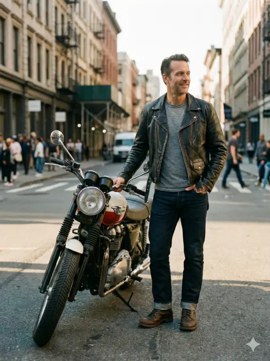 Create a natural street photography portrait of a man standing beside a parked motorcycle, one hand resting on the handlebar and the other tucked into his jacket pocket, wearing a fitted leather jacket, plain t-shirt, dark jeans, and boots, casual confident posture, looking away from the camera toward the street, late afternoon sunlight highlighting textures, shallow depth of field, subtle film grain, urban background softly blurred, and a candid lifestyle feel. Use aspect ratio 3:4.