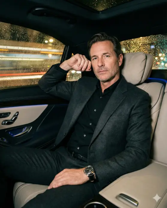 Create a stylish night city lifestyle portrait of an adult man sitting in the back seat of a car, relaxed posture with one arm resting on the door, wearing a dark blazer over a black shirt, tailored trousers, luxury watch visible, composed expression, city lights streaking through the window, reflections on glass, premium cinematic lifestyle shot. Use aspect ratio 4:5.