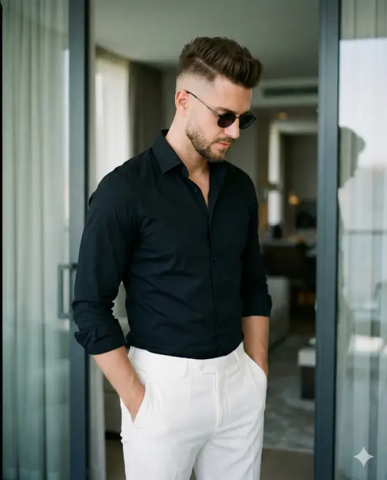 Create a refined indoor fashion portrait of a stylish man standing casually in a modern interior space. He is captured from mid-thigh up, head slightly bowed as he looks downward, conveying calm confidence and introspection. Both hands rest naturally in his trouser pockets, creating a relaxed yet polished stance. He has neatly styled dark hair with volume on top and clean faded sides, paired with a well-groomed short beard. He wears dark, minimal sunglasses that add a subtle edge and mystery. His outfit is clean and contemporary: a fitted black button-up shirt with sleeves rolled to the forearms, paired with crisp white trousers that create a strong monochrome contrast. The setting is a modern interior with a glass door and soft curtains behind him, suggesting a hotel room or upscale apartment. Lighting is soft and ambient, evenly illuminating the subject while maintaining gentle shadows for depth. The background remains slightly blurred to keep focus on the subject without distraction. The color palette is minimal and elegant, reinforcing a luxury, modern aesthetic. Use aspect ratio 4:5.