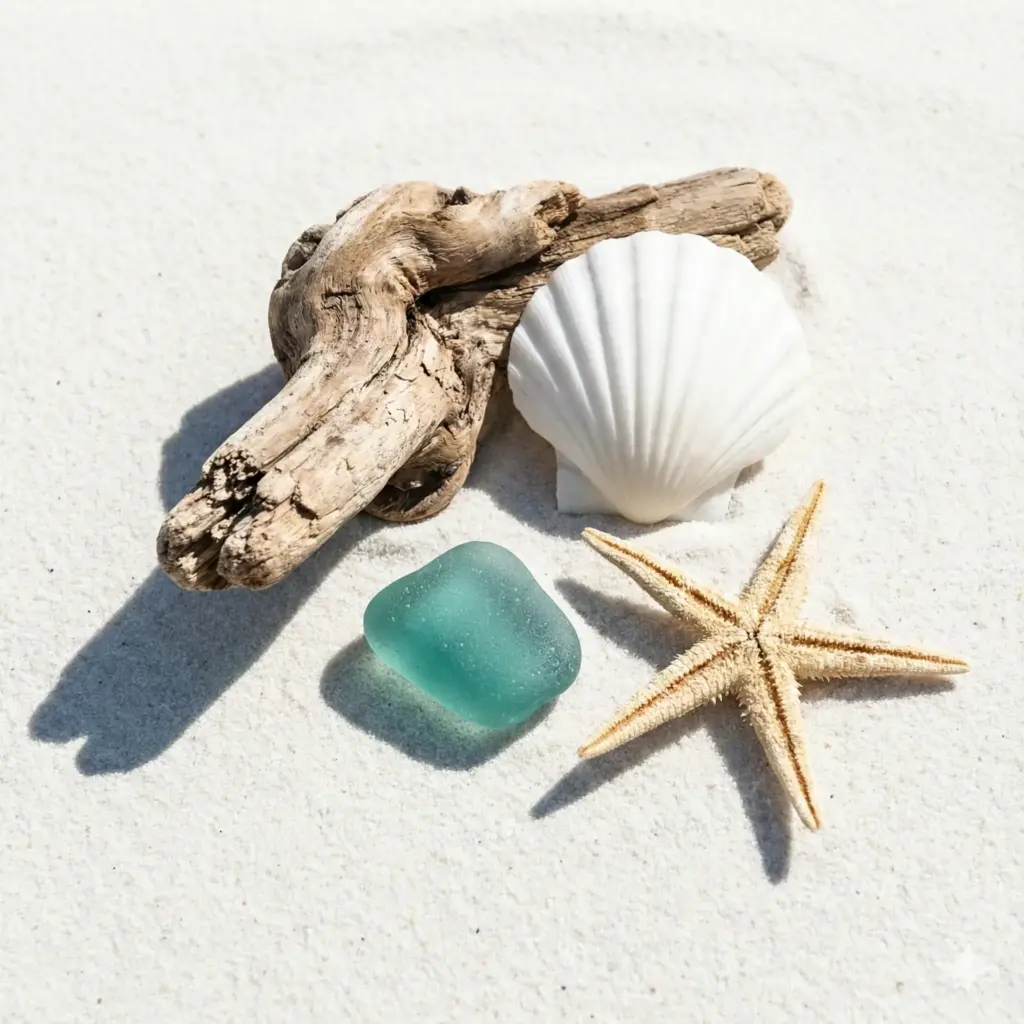 Create a bright, coastal still life arranged on fine white sand. Feature a piece of sun-bleached driftwood, a perfect white scallop shell, a piece of teal sea glass, and a dried starfish. The lighting should be bright daylight, mimicking the harsh midday sun at the beach, casting crisp shadows on the sand grains. Focus on the rough texture of the wood versus the smooth glass. Natural, airy, and clean aesthetic. Use aspect ratio 1:1.