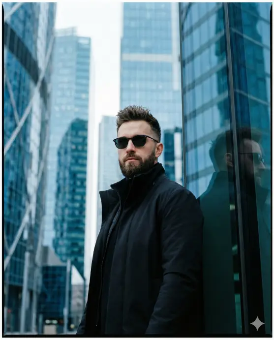 Create a cinematic urban portrait of a confident man standing outdoors among towering glass skyscrapers. He is positioned slightly off-center, leaning casually near a reflective glass façade, captured from the waist up. His posture is relaxed yet assertive, projecting quiet authority and self-assured confidence. He has short, textured dark hair styled upward, a well-groomed full beard, and wears dark, minimal sunglasses that obscure the eyes and add an air of mystery. His expression is calm, composed, and serious. He is dressed in a sleek black jacket with a high collar, layered over dark innerwear, creating a sharp, contemporary silhouette. The background features modern high-rise buildings with blue-tinted glass, vertical lines, and repeating geometric patterns. The architecture frames the subject, emphasizing scale, ambition, and modern city life. Reflections in the glass subtly echo the urban environment. Lighting is natural and cool-toned, with soft overcast daylight creating even illumination and gentle contrast. The color palette is dominated by cool blues, greys, and blacks, reinforcing a modern, corporate-luxury mood. Depth of field is shallow enough to keep the subject crisp while slightly softening the background towers. Use 4:5 aspect ratio.