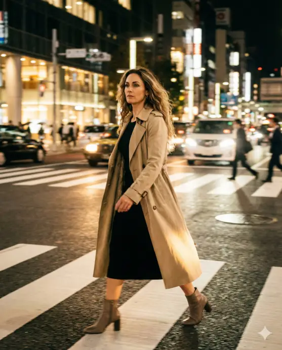 Create a night city lifestyle photo of an adult woman walking confidently across a crosswalk, straight posture with a natural forward stride, arms swinging slightly, wearing a long beige trench coat over a fitted black dress, ankle boots with a small heel, hair worn loose and softly flowing, minimal makeup with defined eyes, focused expression, streetlights and car headlights creating warm highlights, city buildings glowing behind her, motion blur on surroundings, sharp focus on subject. Use aspect ratio 4:5.