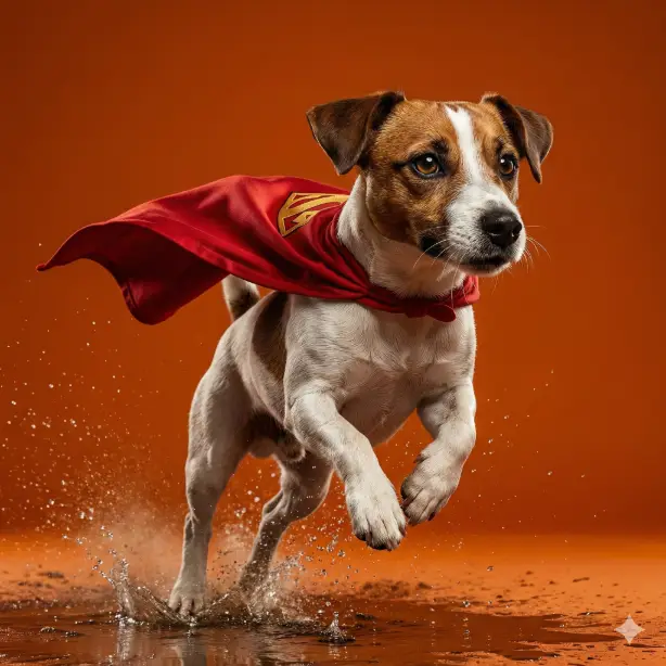 Create a cinematic studio portrait using the uploaded pet photo as the main subject. Style the pet as a superhero wearing a flowing cape, captured mid action as if running or jumping. Add dynamic motion with splashing water or dust around the paws. Use a bold solid color background with dramatic lighting and high contrast. The pet should look confident and energetic. Ultra sharp focus, expressive eyes, modern advertising photography look. Use aspect ratio 1:1.