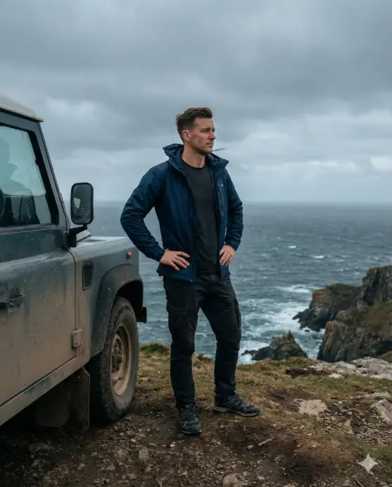 Create a cinematic road trip photo of an adult man standing beside a car at a remote cliffside viewpoint, upright confident posture with hands resting on hips, wearing a windbreaker jacket over a fitted t-shirt, dark travel pants, trail sneakers, short neatly groomed hair, focused reflective expression, vast ocean stretching below the cliffs, dramatic overcast sky, strong wind shaping clothing, cool muted tones, high-end adventure travel photography style. Use aspect ratio 4:5.