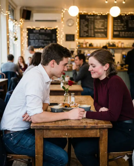 Create a modern Valentine's Day café couple photo of a young adult man and young adult woman seated across a small table, leaning slightly toward each other with elbows resting on the table, hands almost touching, the man wearing a crisp white shirt with rolled sleeves and dark jeans, the woman wearing a fitted ribbed sweater in deep burgundy with straight-leg trousers, natural makeup with rosy cheeks, hair neatly tucked behind ears, camera shot slightly above table level for a candid look, warm indoor café lighting, blurred background with soft bokeh lights, realistic Instagram couple lifestyle photography. Use aspect ratio 4:5.