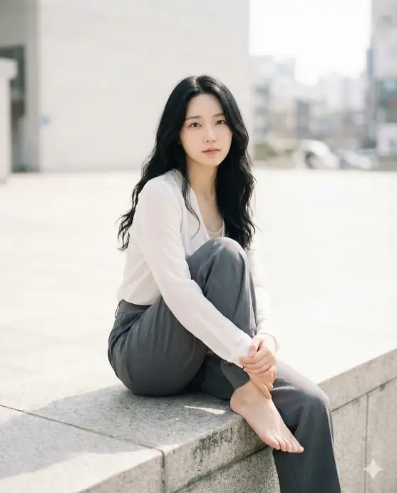 Create a soft, editorial-style portrait of a young woman seated casually on a concrete ledge in an open, minimal urban setting. She is posed with one knee drawn close to her body, arms gently wrapped around her leg, creating an intimate, relaxed composition. Her body faces slightly away while her face turns toward the camera, making calm, direct eye contact with a thoughtful, serene expression. She has long, naturally wavy black hair cascading over one shoulder, with subtle movement and texture. She wears a sheer white long-sleeve blouse layered over a light inner top, paired with loose, charcoal-gray pants. The fabrics are soft and flowing, emphasizing comfort and modern minimalism. She is barefoot, adding a grounded, authentic, lifestyle feel to the portrait. Jewelry is minimal, limited to delicate rings. The background is bright and softly overexposed, with architectural lines and urban elements blurred into a clean, airy backdrop. Lighting is natural daylight, diffused and gentle, creating soft shadows and smooth highlights. The depth of field is shallow, keeping full attention on the subject while maintaining a calm, editorial atmosphere. The overall image feels modern, contemplative, and fashion-forward—like a lifestyle editorial or personal branding portrait. Use aspect ratio 4:5.