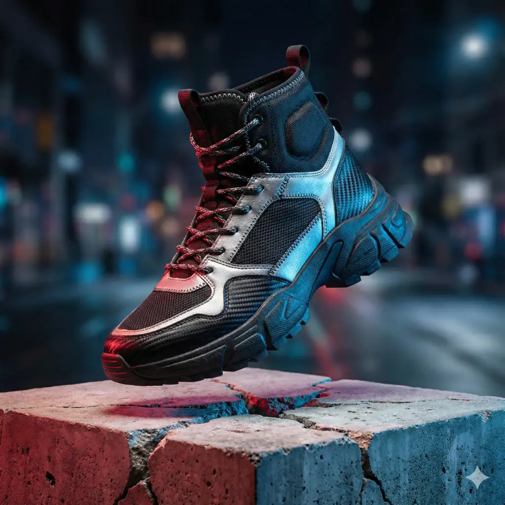 Create a dynamic, hype-beast style product photo of a futuristic high-top sneaker. The sneaker should be "levitating" slightly above a cracked concrete block. Use dramatic red and blue gel lighting to create a dual-tone effect on the shoe's fabric. The background should be a blurry city street at night (bokeh lights). Focus on the stitching, the texture of the sole, and the laces. Commercial quality, high contrast. Use aspect ratio 1:1.