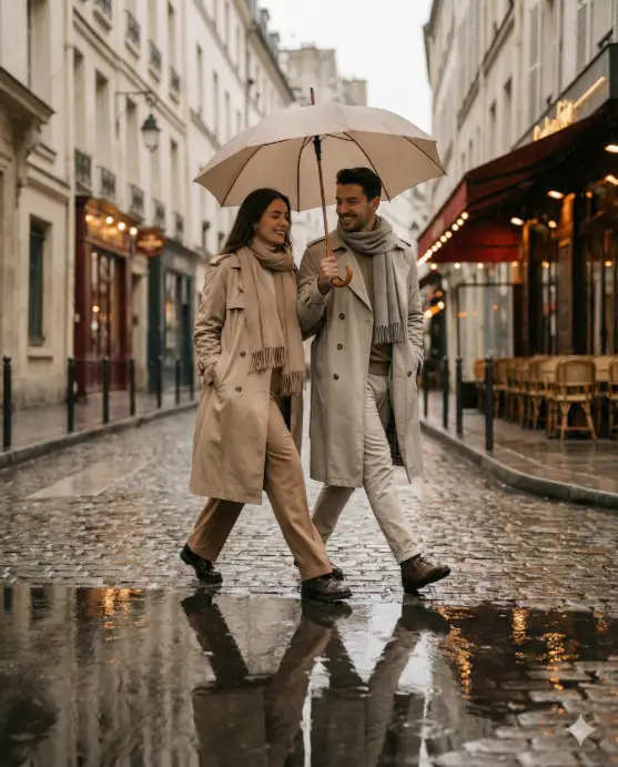 Create a stylish couple rainy street photo with both subjects walking side by side, synchronized relaxed posture, wearing coordinated neutral-toned outfits with trench coats and scarves, sharing one umbrella, natural candid expressions, soft rain falling, puddle reflections capturing their silhouettes, muted cinematic colors, modern Instagram couple photography style. Use aspect ratio 4:5.