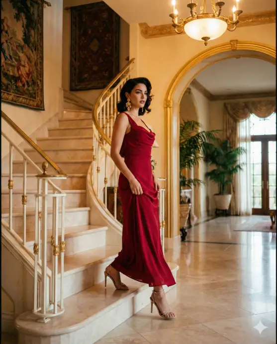 Create a luxury lifestyle photo of a woman walking down an elegant staircase in a luxury villa, confident slow descent with straight posture, wearing a flowing red designer gown, high heels, statement earrings, soft glamorous makeup, voluminous hair styled neatly, poised expression, warm ambient lighting, marble and gold interior details, cinematic editorial look, rich colors, Instagram-ready luxury aesthetic. Use aspect ratio 4:5.