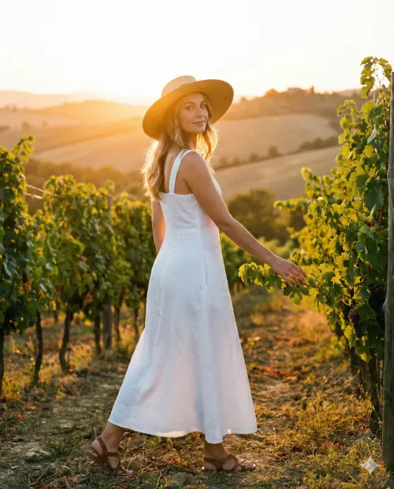 Create a photograph of a woman walking through rows of grapevines at sunset, captured mid stride looking back over her shoulder with a soft smile. She wears a flowing white linen maxi dress with thin straps, a wide brimmed straw hat, and leather sandals. One hand lightly touches the grape leaves as she walks. Rolling Tuscan hills glow amber and gold in the background. Backlit golden hour sun creating a dreamy halo effect around her silhouette, romantic and aspirational mood, film grain texture. Use aspect ratio 4:5.