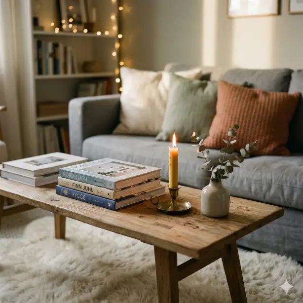 Create a cozy Scandinavian-inspired living room scene featuring a low wooden coffee table with natural grain visible, topped with a stack of art books, a lit beeswax candle in a brass holder, and a small ceramic vase with dried eucalyptus sprigs, plush ivory sheepskin rug visible beneath, gray linen sofa with assorted textured throw pillows in cream, sage, and terracotta in the soft-focus background, string lights draped along a bookshelf creating warm bokeh points of light, evening golden hour light mixing with the warm glow of candles and string lights, shot from a low angle close to the coffee table surface, intimate and warm atmosphere with a muted Scandinavian color palette. Use aspect ratio 1:1.