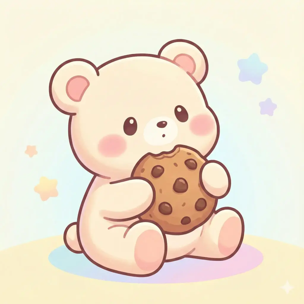 Create a cute, kawaii-style illustration of a chubby baby teddy bear sitting on the ground, holding a chocolate chip cookie with both paws. The bear has soft cream-colored fur, rounded ears with pink inner details, tiny black oval eyes, a small dot nose, and subtle blush on its cheeks. Its body is plump and plush-like, with visible paw pads on its feet, enhancing the cozy, huggable feel. The art style is simple and clean with smooth outlines, pastel tones, and gentle shading. The background is minimal and light, keeping full focus on the character. Overall mood is warm, innocent, and comforting, resembling a sticker or children's storybook illustration. Use 1:1 aspect ratio.