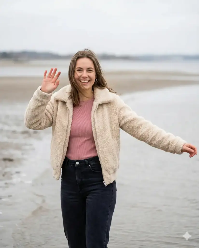 Create a photorealistic outdoor lifestyle portrait of a young woman standing near a calm shoreline under an overcast sky, captured from the waist up in a playful, candid moment. She faces the camera directly with a bright, genuine smile, raising one hand toward the lens in a cheerful wave while the other arm extends outward naturally, adding movement and energy. She wears a cozy cream-colored teddy jacket layered over a fitted cropped top in a rich pink tone, paired with dark high-waisted jeans that give the look a casual, youthful feel. Her hair is loose and slightly wind-touched, adding to the spontaneous, unposed vibe. The background features shallow water and distant flat shoreline tones, softly blurred to keep focus on her expression. Lighting is soft natural daylight with even exposure, preserving realistic skin texture and fabric detail without harsh shadows. The overall mood is joyful, carefree, and fresh, like a happy moment captured during a relaxed day by the water. High resolution, realistic lens depth, true-to-life colors, no distortion, no text, no artifacts. Aspect ratio 4:5.