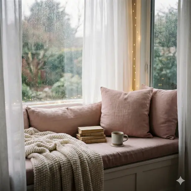Create a dreamy window seat nook featuring a built-in bench with plush cushions covered in soft linen in a dusty blush tone, a knitted blanket pooled casually on the seat, small stack of vintage books and a cup of herbal tea on a ceramic coaster, rain falling outside the large window creating a moody backdrop, soft natural light diffused through sheer white curtains, fairy lights strung along the window frame adding warm sparkle, shot at eye level from inside the room looking toward the window, romantic and peaceful atmosphere with soft blush, cream, and gray tones. Use aspect ratio 1:1.