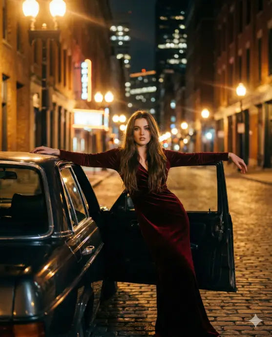 Create a cinematic nighttime street scene featuring a young woman stepping out of a vintage car parked in the middle of a narrow urban street. The car door is open, and she leans back against it with both arms extended wide, creating a bold, confident pose. Her body twists slightly as she looks toward the camera with a sultry, self-assured expression. She has long, flowing brown hair cascading over her shoulders, softly illuminated by surrounding streetlights. She wears a deep red, form-fitting evening dress that contrasts dramatically with the cool tones of the night. The fabric catches subtle highlights, emphasizing movement and elegance. The environment is an atmospheric city street at night, old buildings lining both sides, overhead street lamps glowing warmly, distant lights fading into creamy bokeh. The street is mostly empty, enhancing a sense of intimacy and mystery. Neon reflections and soft lens flares add a cinematic glow. Lighting is moody and filmic: warm streetlights mixed with cool ambient shadows, shallow depth of field, soft motion blur around the edges, and subtle grain for a cinematic, analog-film look. Shot as if on a fast prime lens, low-light photography, high contrast yet soft highlights. Use aspect ratio 4:5.