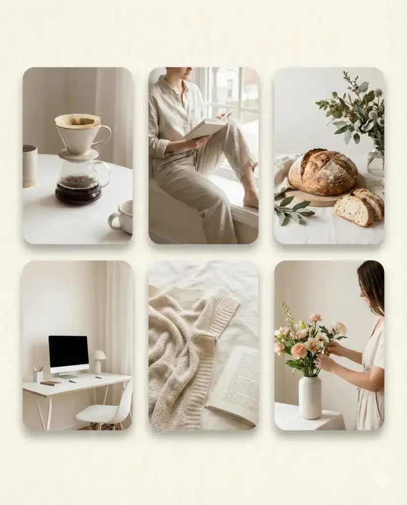 Create a clean lifestyle collage using a structured grid layout with equal spacing between images. Use soft shadows and rounded corners to give the collage a refined, Instagram-friendly look. Keep the background light and uncluttered, with subtle texture for warmth. Ensure all photos share similar brightness and tone for visual harmony. Aspect ratio 4:5.