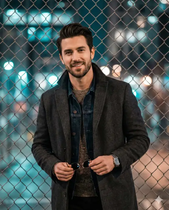 Create a stylish nighttime urban portrait of a confident man standing in front of a chain-link fence, captured from mid-thigh up. He faces the camera with a relaxed, approachable expression, holding a pair of sunglasses casually in both hands at waist level, creating a natural, lifestyle pose. He has neatly styled dark hair swept back with volume, a well-groomed short beard, and clear, expressive features. His outfit blends casual and polished street style. A sleek metallic wristwatch on his left wrist adds a subtle luxury detail. The background is a city at night, softly blurred into colorful bokeh lights, teal, blue, and warm highlights, visible through and beyond the chain-link fence. The fence adds texture and depth while reinforcing an urban, street-photography aesthetic. Lighting is soft and controlled, illuminating the subject evenly while allowing the background lights to glow smoothly. Depth of field is shallow, keeping the subject sharp and crisp while the city lights melt into a cinematic blur. Use 4:5 aspect ratio.