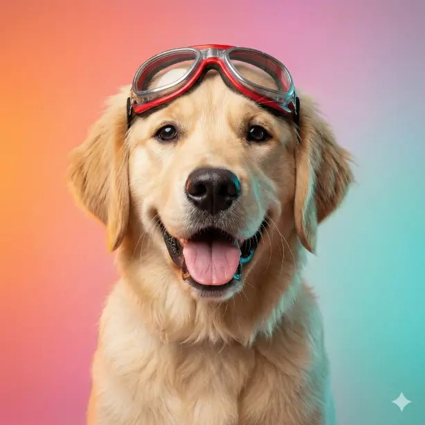 Create a fun close up portrait using the uploaded pet photo as the main subject. Dress the pet with a quirky accessory like goggles. Use a colorful studio background with soft gradients. Shoot from a slightly wide angle to emphasize facial features and personality. Clean lighting, soft shadows, high clarity fur texture, playful editorial pet photography style. Use aspect ratio 1:1.
