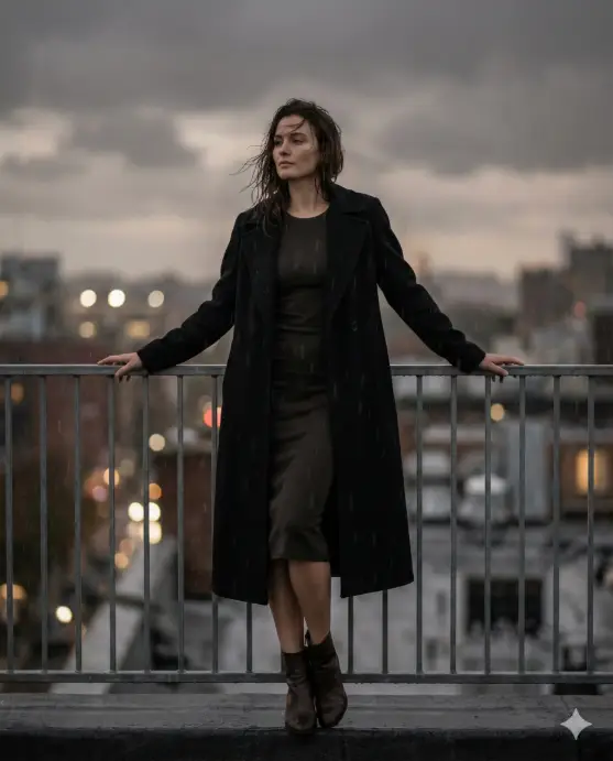 Create a cinematic rainy rooftop portrait of a woman standing near the edge, relaxed confident posture with shoulders back, wearing a long black coat over a fitted dress, ankle boots, hair slightly damp and wind-touched, hands resting lightly on railing, calm reflective expression, light rain drifting through the frame, blurred city skyline in the background, moody clouds, soft cinematic lighting, editorial fashion photography style. Use aspect ratio 4:5.