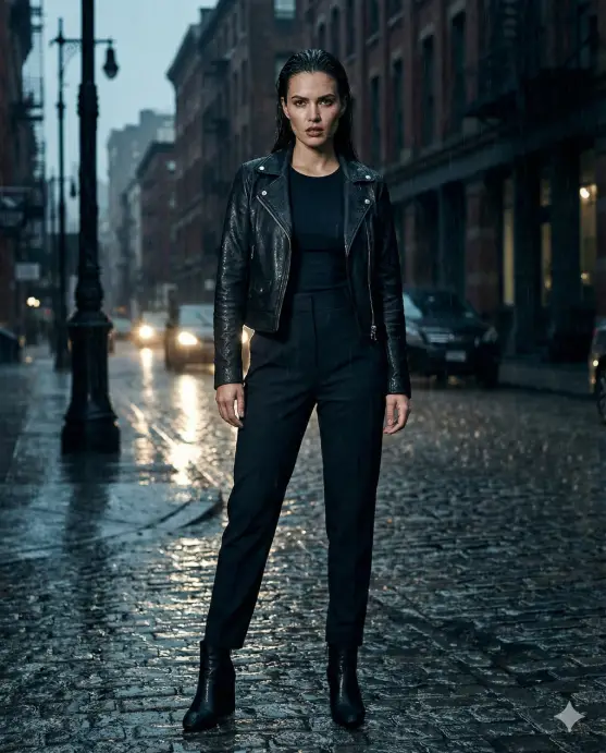Create a high-end fashion rainy portrait of a woman standing under heavy rain without an umbrella, upright confident posture, wearing a black leather jacket, fitted top, high-waist pants, and heeled boots, hair slicked back by rain, bold intense expression, water droplets visible on skin and clothing, dramatic low-key lighting, dark urban background, luxury editorial photography style. Use aspect ratio 4:5.