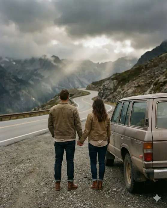 Create a cinematic road trip photo of an adult couple standing on the roadside, relaxed upright posture, holding hands, wearing casual layered outfits with denim jackets, neutral t-shirts, dark jeans, comfortable walking shoes, hair slightly messy from wind, looking toward a winding mountain road ahead, parked car nearby, cloudy sky with dramatic light rays, moody atmosphere, realistic textures, cinematic travel storytelling style. Use aspect ratio 4:5.