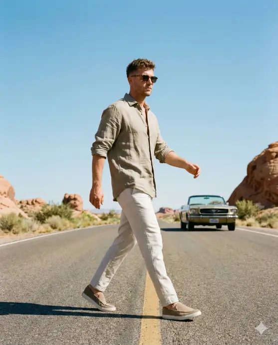 Create a cinematic road trip photo of an adult man walking along an empty desert road, natural walking posture with shoulders relaxed and arms swinging lightly, wearing a loose linen shirt with sleeves rolled up, light-colored trousers, casual loafers, sunglasses, short textured hair, confident wanderer expression, heat waves rising from the asphalt, clear blue sky, minimal environment, sharp details, editorial travel photography style. Use aspect ratio 4:5.