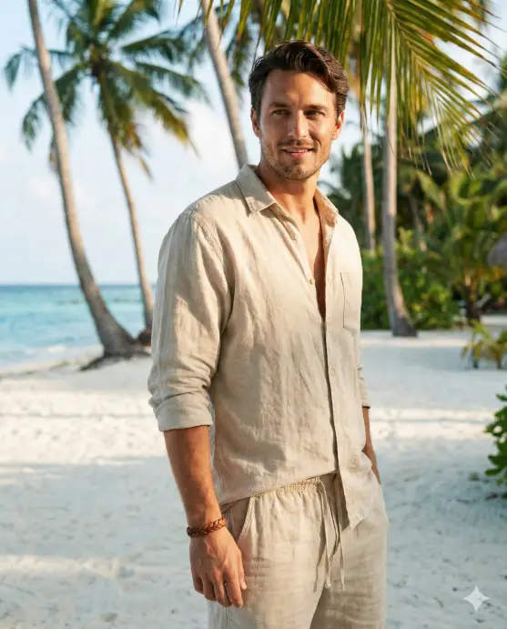Create a fashionable beach lifestyle photo of a man standing on white sand near tall palm trees, confident upright posture with weight shifted onto one leg, arms relaxed by his sides, wearing a coordinated neutral-toned beach outfit with breathable fabric texture clearly visible, open collar shirt, clean natural skin look, relaxed half-smile, sunlight creating gentle highlights on his face and shoulders, camera positioned at chest level with a slight upward angle, tropical background softly blurred, vibrant yet realistic colors, modern travel Instagram aesthetic, professional lifestyle photography depth and clarity. Use aspect ratio 4:5.