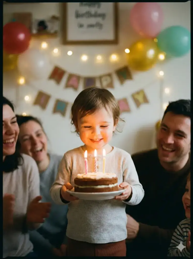 Create a warm family-style birthday photo focusing on the child sitting at the center while holding a small birthday cake with lit candles. The background is softly blurred with hints of decorations and warm fairy lights. The child's face is well-lit with a gentle glow, emphasizing joy and innocence. The image feels emotional, intimate, and perfect for a memory-preserving birthday portrait. Use aspect ratio 3:4.