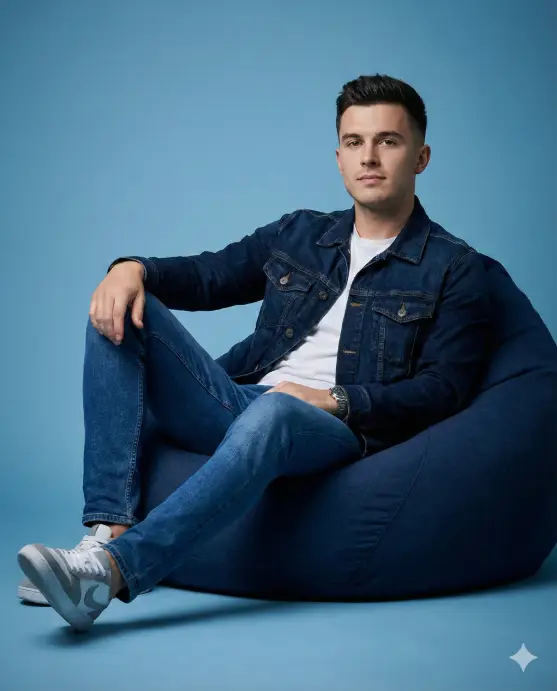Create a cinematic studio portrait of a confident, well-groomed young man seated in a relaxed pose on a deep navy-blue bean bag chair. He sits slightly reclined with one leg crossed over the other, one hand resting casually on his thigh and the other relaxed at his side, projecting calm confidence and modern masculinity. He has short, neatly styled dark hair, a clean-shaven face, sharp facial features, and an intense yet composed expression while looking directly at the camera. His outfit is classic and minimal: a dark indigo denim jacket layered over a crisp white crew-neck t-shirt, paired with fitted blue jeans. On his wrist is a subtle metallic watch, adding a touch of understated sophistication. He wears clean, modern sneakers in soft grey and white tones. The background is a seamless monochromatic blue studio backdrop with a gentle gradient, creating depth while maintaining a minimalist aesthetic. Lighting is soft, controlled, and directional, sculpting the face and clothing with smooth shadows and a polished editorial look. The image feels premium, contemporary, and fashion-forward, with sharp focus, realistic textures, and natural color grading. Use 4:5 aspect ratio.