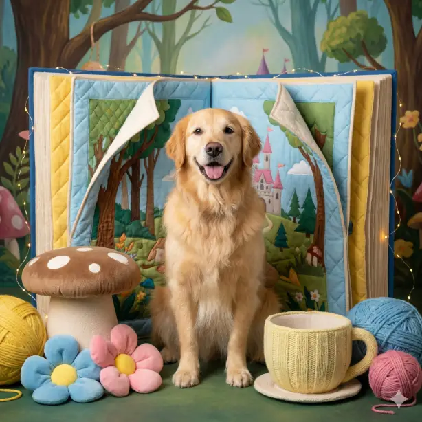 Create a whimsical studio scene using the uploaded pet photo as the main subject. Place the pet in a playful storybook inspired setup with oversized props and soft textures. Bright colors, balanced lighting, gentle shadows, magical atmosphere, high quality pet portrait style. Use aspect ratio 1:1.