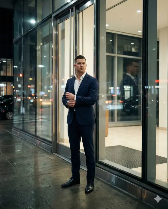 Create a stylish night city lifestyle portrait of an adult man standing in front of a floor-to-ceiling glass office entrance, straight posture with hands adjusting his cuff, wearing a navy tailored suit with an open-collar shirt, sleek dress shoes, clean haircut, focused expression, indoor lights spilling onto the sidewalk, reflections creating layered visuals, luxury business lifestyle aesthetic. Use aspect ratio 4:5.