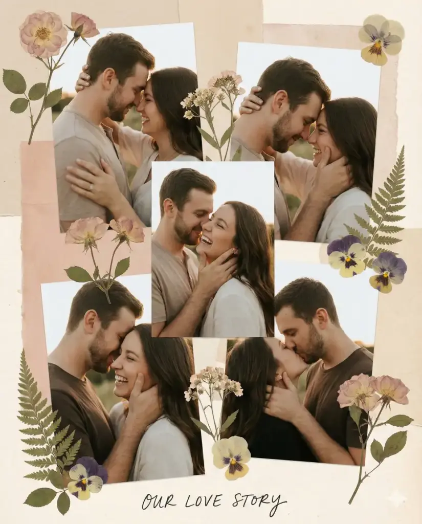 Create a romantic collage featuring multiple portraits arranged vertically with gentle overlaps. Add subtle floral illustrations or pressed-flower accents placed around the edges without covering faces. Use soft beige, blush, or cream tones for the background. Keep lighting natural and flattering for skin tones. Aspect ratio 4:5.