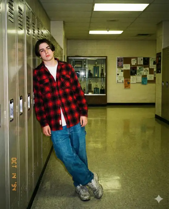 Create a portrait of this person with their original face unchanged, captured using a vintage 1990s disposable camera aesthetic with direct front flash. The subject has a bored, too-cool expression while leaning against a row of metal lockers. They are wearing a oversized plaid flannel shirt left unbuttoned over a plain white tee with baggy jeans and chunky sneakers. The setting is an empty high school hallway with institutional beige walls, fluorescent ceiling lights, trophy cases, and bulletin boards covered in flyers and announcements. The flash reflects sharply off the locker metal and polished linoleum floors. The image has visible film grain, flat institutional lighting mixed with flash harshness, and a snapshot yearbook quality. The overall mood evokes between-class moments, adolescent ennui, and the mundane nostalgia of 90s school life. Use aspect ratio 4:5.